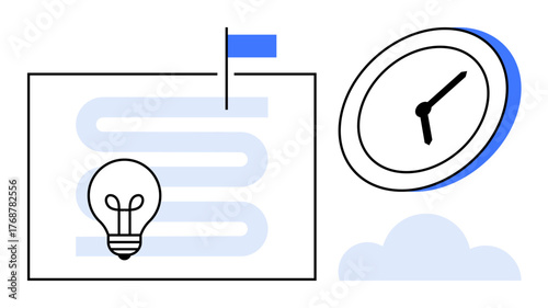 Light bulb on a roadmap with a flag signifies innovative ideas and goal planning. A clock indicates time management. Ideal for brainstorming, deadlines, productivity, strategy, innovation, goals