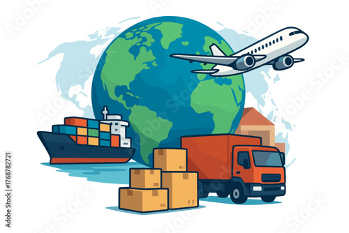 Global trade and transportation concept featuring various modes of transport around the earth. It includes a cargo ship, airplane, delivery truck and shipping boxes