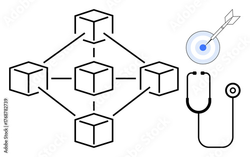 Connected cubes representing blockchain network, stethoscope indicating healthcare, and bullseye target with arrow for focus. Ideal for health technology, blockchain, data security, medicine