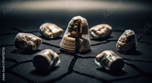 Precious ancient artifacts wrapped in clear plastic arranged on a dark cracked surface, emphasizing the illicit trade and preservation of cultural heritage.