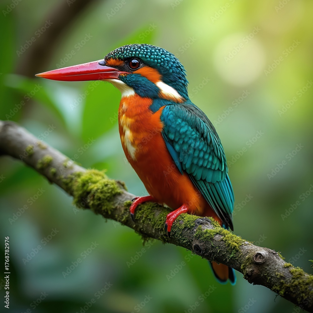 Obraz premium Colorful kingfisher bird perches on mossy tree branch in rich green forest. Bright plumage displays stunning blue, green, orange colors. Small wildlife animal waits patiently in nature habitat,