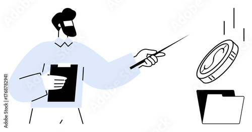 Businessman holding clipboard and pointing to a coin above an open folder. Ideal for finance, investment, planning, analysis, presentation, business consulting, education. A simple flat metaphor