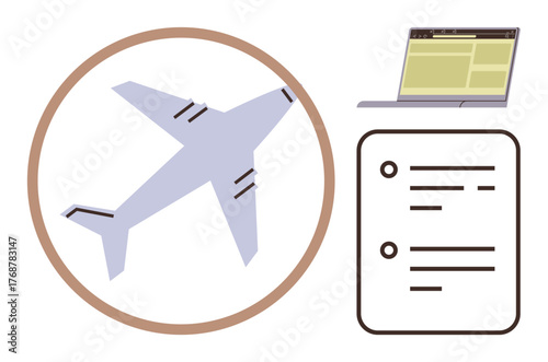 Airplane within a circle, laptop with webpage, checklist with bullet points. Ideal for travel, itinerary planning, booking, productivity, organization tourism transportation. Simple flat metaphor