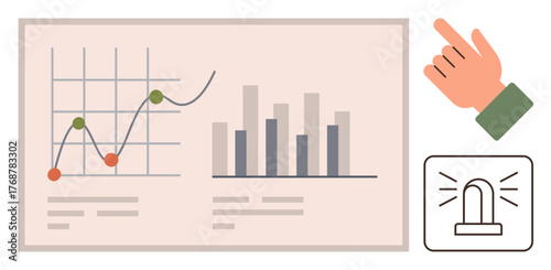 Graph with line and bar charts, hand pointing, and alert icon. Ideal for analytics, monitoring, reporting, productivity, performance decision-making forecasting. Clean and simple flat metaphor