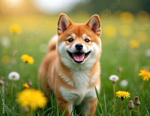 Shiba inu puppy with happy smile sits in green grass among dandelions and daisies. Small doggy enjoys sunny day in meadow. Cute pet with orange fur looks at camera.