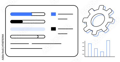 Progress bars, gear icon, and bar chart emphasize workflow management, productivity, analytics, and technical settings. Ideal for organization, planning, data tracking strategy and minimalistic