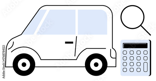 Side view of car with magnifying glass and calculator representing vehicle assessment, pricing, and insurance. Ideal for finance, loans, car sales, budgeting, value analysis, inspection simple flat