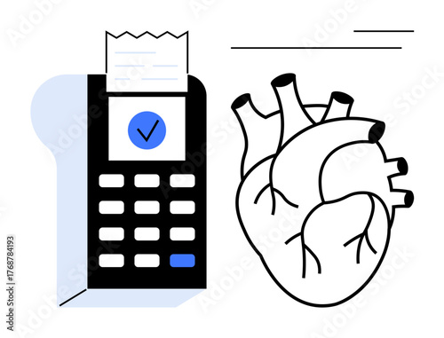 Payment terminal printing receipt next to detailed anatomical heart. Ideal for finance, healthcare, technology, humanity, digital transformation, integration, and modern systems. Conceptual simple
