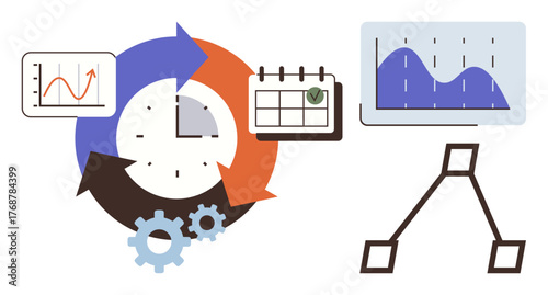 Clock with circular arrows, graphs, calendar, gears, and workflow branches reflect time management, data analysis, and process optimization. Ideal for productivity, planning teamwork workflow