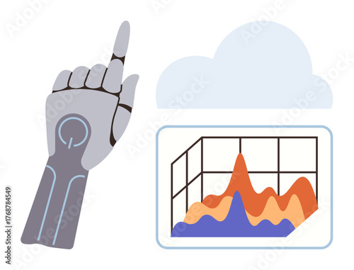 Robotic hand gesturing towards a 3D data graph with colorful peaks under a cloud. Ideal for AI, robotics, machine learning, futuristic tech, big data, automation, innovation. Simple flat metaphor
