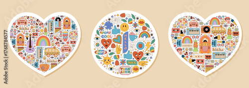 Groovy retro y2k heart and circle sticker set with colorful background and music, smiley, rainbow, flower graphic. Boho shapes fun elements create a vibrant, playful style for trendy label or badge