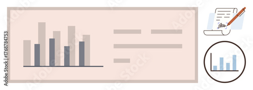 Bar chart comparison alongside document writing concept featuring signed papers and magnified chart. Ideal for data analysis, reports, statistics, business, research, contracts, and presentations. A