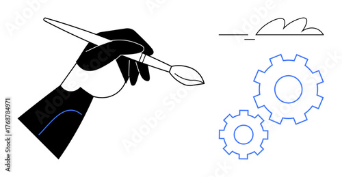Hand holding brush designing gears and simple cloud art. Ideal for creativity, innovation, design, technology, art, progress, strategy. Minimalist concept and simple flat metaphor