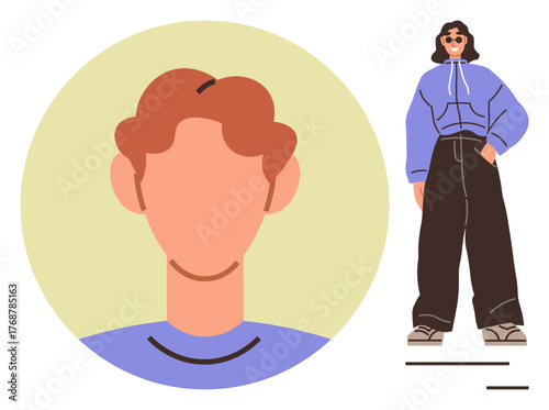 Headshot of red-haired person in circular frame and a stylish standing figure in oversized hoodie, baggy pants, and sunglasses. Ideal for modern identity, styling, fashion, individuality, digital