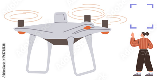 Woman pointing at sky, directing flying quadcopter with active precision tracking. Ideal for technology, innovation, remote operation, automation, photography, surveillance gadgets. Clean simple