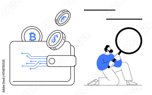 Digital wallet with floating cryptocurrency coins and person holding magnifying glass. Ideal for finance, cryptocurrency, blockchain, digital economy, fintech, investment, secure payments. Simple