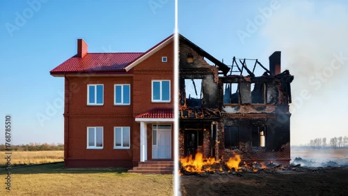 House exterior contrasting between intact and burned, brick architecture, fire disaster, property damage, before and after transformation, home restoration, insurance concept, emergency scene