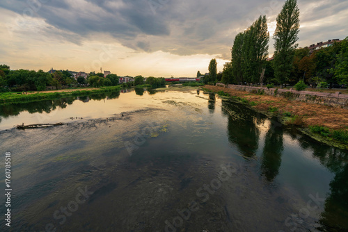 Maritsa River with Reflections and City Bridge in Plovdiv