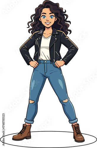 Confident young woman with curly hair dressed in casual leather jacket and ripped jeans standing