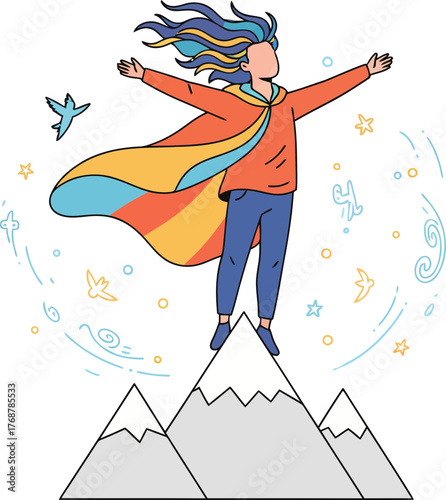 Dreamer Standing on Mountain Peaks with Outstretched Arms Amidst a Mystical Night Sky