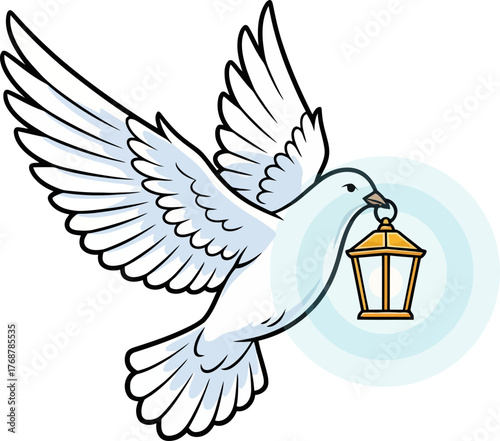 Elegant white dove with outstretched wings carrying a glowing lantern in a moonlit night sky