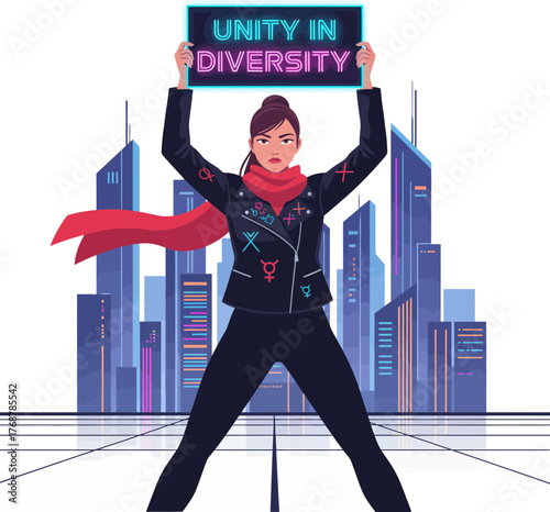 Empowered Female Leader Promoting Unity in Diversity amid Futuristic Cityscape