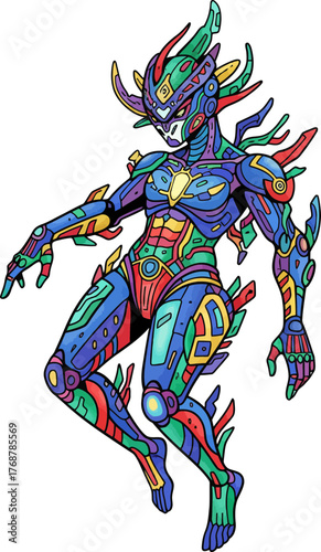 Futuristic neon-colored cybernetic creature with intricate armor design and glowing accents on a