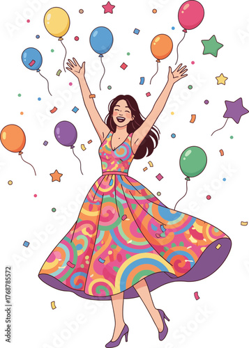 Joyful woman dancing amidst colorful balloons and stars on a festive background