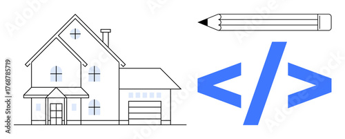 House facade, pencil, and coding angle brackets merging renovation, creativity, technology. Ideal for design, architecture, coding, real estate innovation progress simple flat metaphor