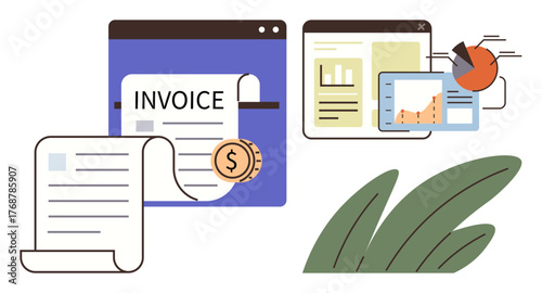 Documents, invoice interface, charts, and graphs with coin and plant. Ideal for finance, business analysis, productivity, accounting reporting data management economic analysis. Simple flat