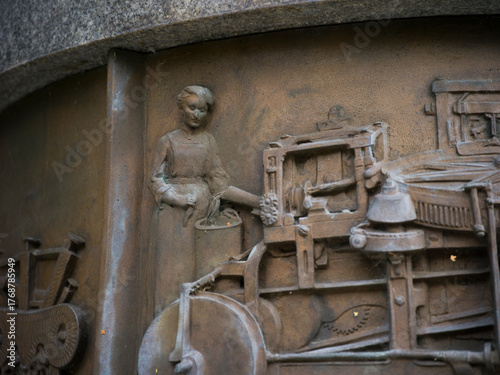 Bradford, West Yorkshire, England, United Kingdom, 25th October 2025, Detail of frieze on Statue of Samuel Lister in Lister Park