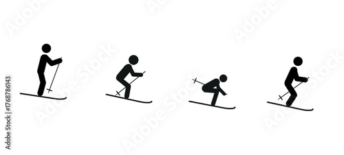 winter sports, set of skiers in different poses, human figure icon, healthy lifestyle, sports, competition