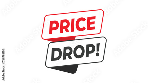 Price drop banner, red and black typography label for discount sale, special offer, or promotion announcement in retail or online marketing concept style