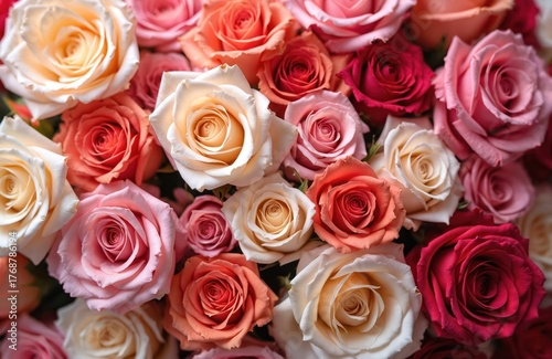 Close up photo shows various roses. Flowers of diverse colors are visible. Blossoms have tones of red pink white orange. Beautiful floral background.