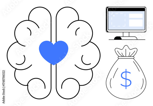 Brain with heart in center, monitor, and money bag representing emotional intelligence, technology, wealth. Ideal for business, innovation, finance, marketing strategy psychology success themes