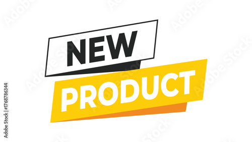 New product banner, yellow and black typography label for brand launch, marketing promotion, or online business announcement design in modern style