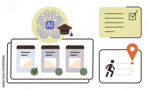 AI brain with graduation cap, task progress cards, checklist, and navigation path. Ideal for education, technology, AI systems, training innovation task management planning. Simple flat metaphor