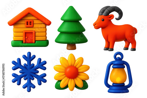 Alpine Icon Set. 3D icon set of alpine motifs: wooden chalet, pine tree, mountain goat, snowflake, alpine flower, lantern. A set