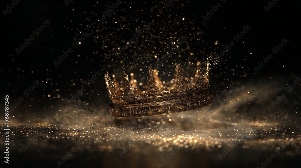 Obraz premium Golden medieval crown floating surrounded by shimmering golden dust particles