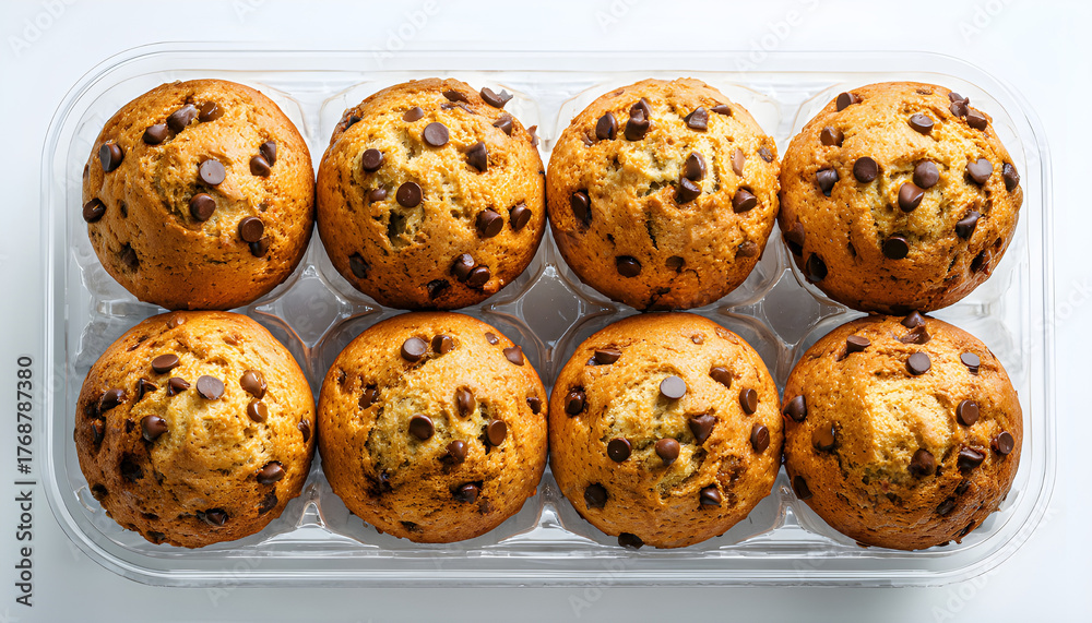 Obraz premium Eight chocolate chip muffins in a clear plastic container on a white background. Muffins arranged in two rows. Top view. Freshly