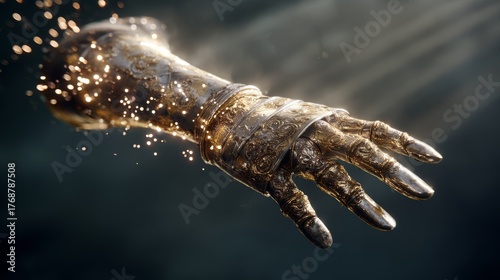 Medieval gauntlet floating with shimmering particle effects