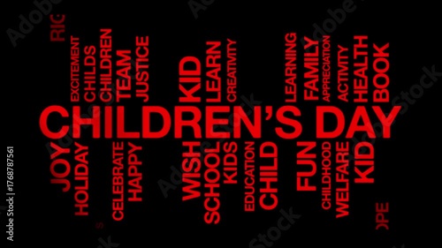 Childrens day concept Animated Tag Word Cloud kinetic typography, Text Design Animation typography seamless loop video motion graphics Intro ,Word Art Looping red type on black background bg