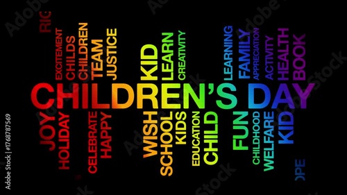 Childrens day concept Animated Tag Word Cloud kinetic typography, Text Design Animation typography seamless loop video motion graphics Intro ,Word Art Looping rainbow type on black backdrop bg