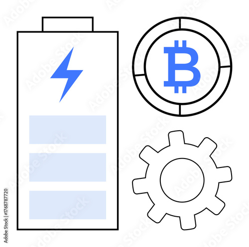 Battery with lightning bolt, Bitcoin symbol in a circular frame, gear icon. Ideal for themes thumbs up energy, cryptocurrency, blockchain, technology, power innovation and digital economy. Simple