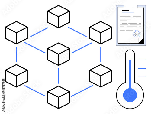 Connected cubes representing blockchain, a signed document for verification, and a thermometer. Ideal for blockchain, data security, smart contract, technology, monitoring, compliance