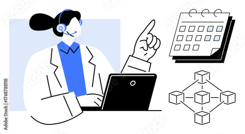 Woman wearing a headset working on a laptop, pointing at a calendar. Block structure highlights teamwork, scheduling, and seamless connection. Ideal for productivity, communication, planning