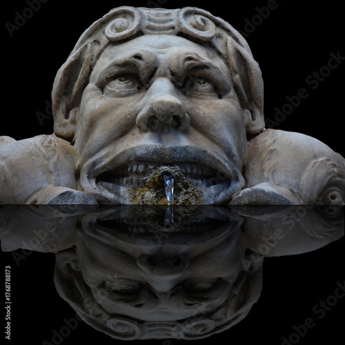 Mascherone Reflection – Baroque Fountain Detail with Water Flow and Surreal Mirror Effect, Rome