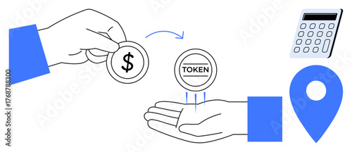 Dollars exchanged for token in hand, calculator and location pin nearby, indicating financial exchange. Ideal for cryptocurrency, business, trade, finance, blockchain, investment simple flat