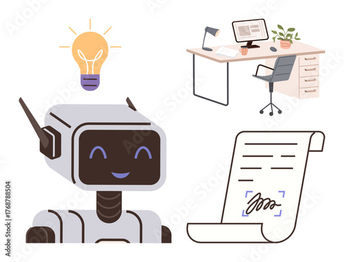 Smiling robot under a glowing light bulb, modern desk setup with computer and plant, signed contract. Ideal for innovation, AI, technology, creativity, productivity automation workplace. Simple