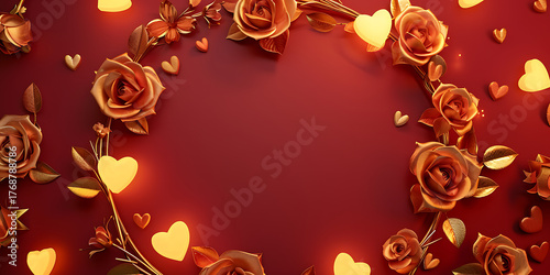 Elegant golden roses and glowing heart lights form a romantic border on a rich red background.